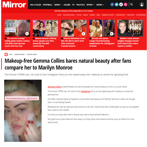 Gemma Collins Skincare. Daily Mirror